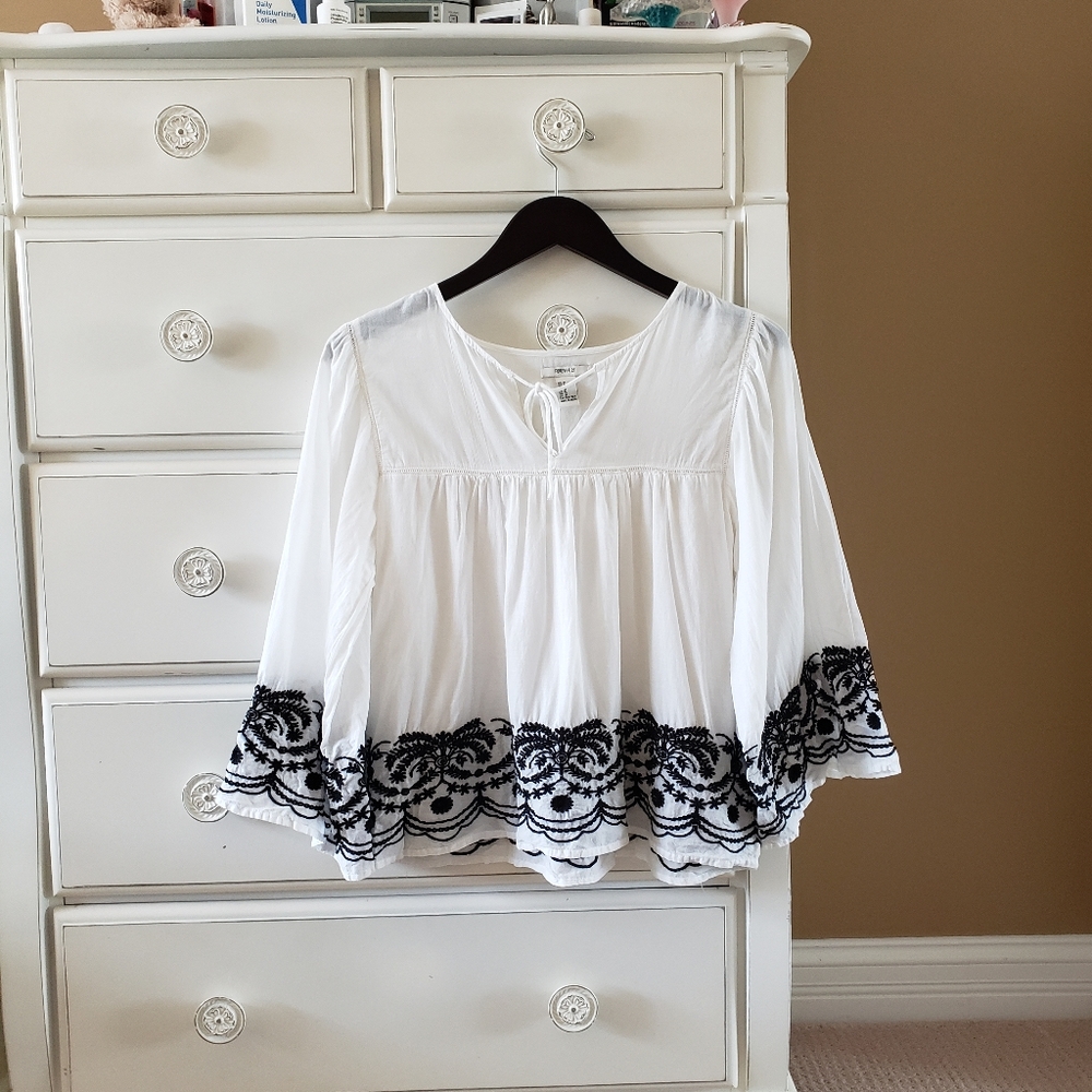 Forever 21 White & Black Embroidered Top
